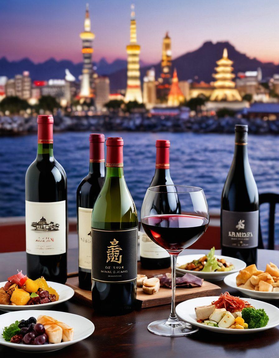 A beautifully arranged table featuring a variety of Asian wine bottles from different regions, with iconic landmarks from Asia subtly blurred in the background. Include a sommelier elegantly pouring wine into a crystal glass, surrounded by exquisite Asian food pairings. Emphasize rich colors of the wines contrasting with the vibrant dishes. super-realistic. vibrant colors. elegant ambiance.