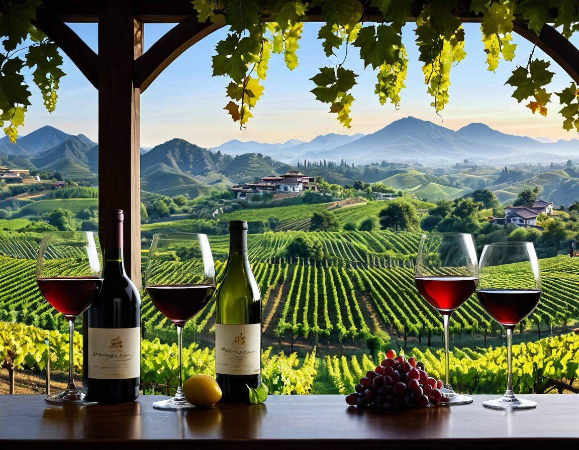 A panoramic view of lush vineyards against a backdrop of Asian landscapes, interspersed with modern wine glass silhouettes. The image should depict diverse Asian wine enthusiasts sampling various wines, with vibrant colors that highlight the lively atmosphere. Incorporate elements of traditional Asian architecture peeking through the vines, blending cultures in a festive setting. super-realistic. vibrant colors. 3D.