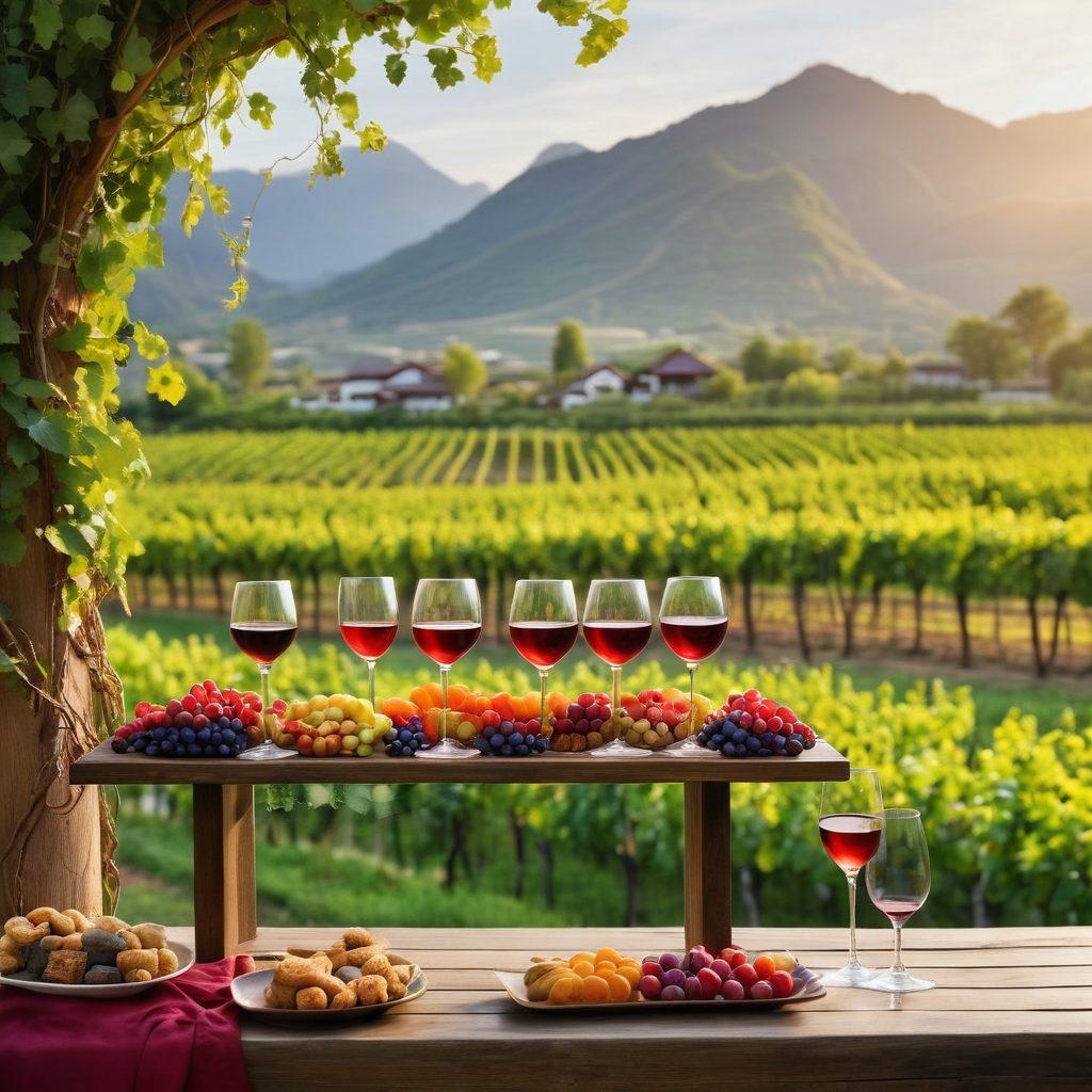 A serene vineyard landscape showcasing rows of lush grapevines with Asian varieties prominently displayed. Include an elegant wine tasting setup featuring ornate glasses filled with colorful wines and traditional Asian snacks on a wooden table. In the background, a graceful sunset casts a warm glow over the scene, with gentle hills and distant mountains creating depth. Incorporate subtle elements of Asian culture, like calligraphy on a nearby sign or decorative lanterns hanging from the vines. super-realistic. vibrant colors.